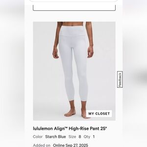 Lululemon Align High-Rise 25" Leggings in Starch Blue Size 8